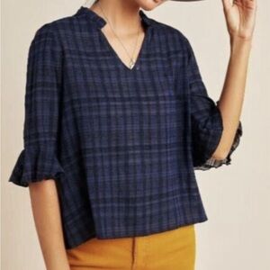 Anthropologie Blouse Dolan Left Coast Black & Blue Tandy Ruffle Top Sz XL EUC